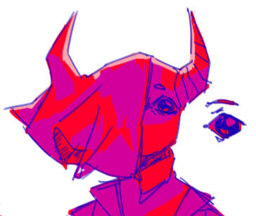 Headshot of an alien with horns and a cloth draped over his right eye. He is sketched with blue linear and shaded with purple over a red base.