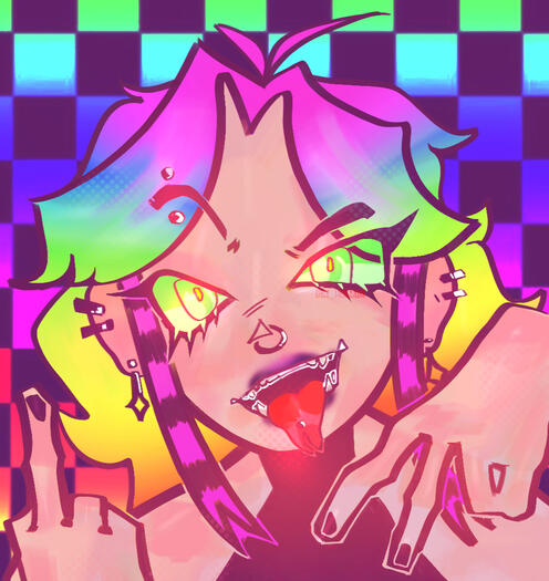 Human Vanny from hit game Five nights at freddy's; security breach. She has a simple scene-emo aesthetic while she flips you off and pokes her pierced tongue out towards you. She is drawn in an angular wonky style.