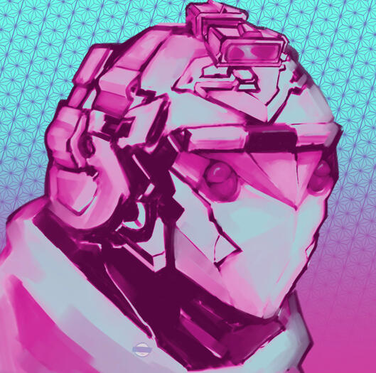A headshot of a military droid, digitally painted with pink and cyan hues.