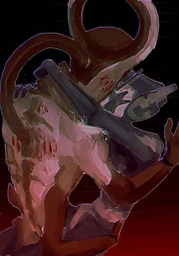 Joystick, a red robot with a halo and scars resembling open flesh wounds hovers over another robot. Retro. Retro us blue, his arms are wrapped comfortably around JOYSTICK as the two are about to bonk foreheads.