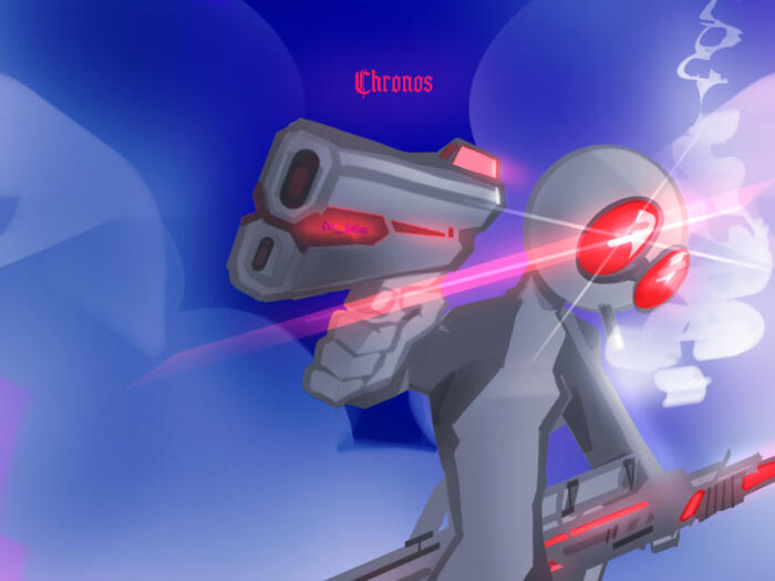 Chronos from hyun's dojo community. The character created by - Chronos is a Grey stick, he wears red circular lenses and the role he plays is assassin. In this piece he holds a gun towards the left side of our viewer, another rifle in his other hand, it is