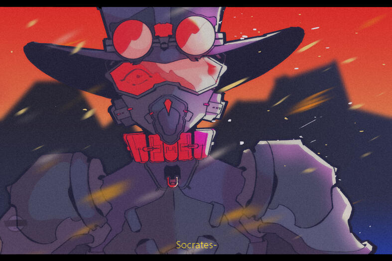 A purple, red accented mech is looking petrified as something out of the view's eye is happening to another character. "Socrates" he calls out.