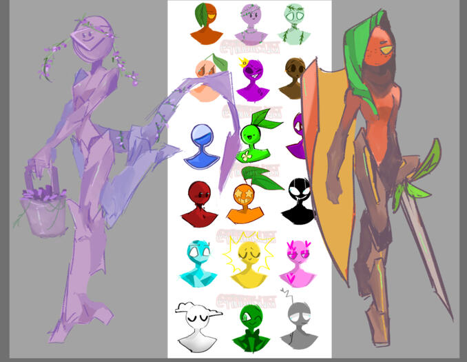 Two stick redesigns I've been recreating from my old colourhumans stchick created by a good friend (Jack) from about 3-4 years ago? Lavender is a lavender themed stick, she is entirely almost a droid. Orange is an orange stick with a green-leaf life hood c