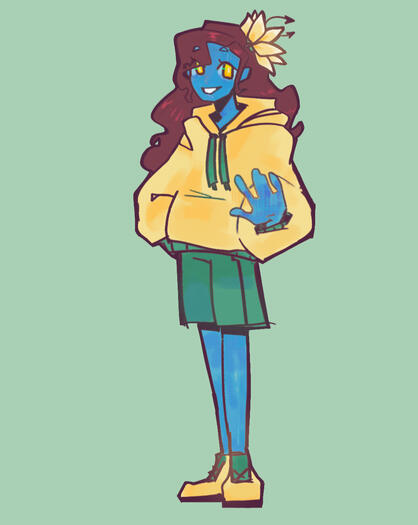 Redraw fanart of LILY a friend's (Fresh) OC. LILY is a blue humanoid woman wearing a yellow hoodie, and green shorts. Her hair is a sort of chestnut brown and within her hair is a yellow lily flower. She waves at you with a friendly smile.