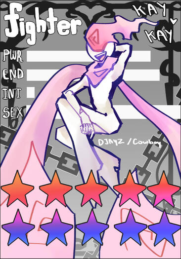 KAY, a white stickman with a large pink sentient scarf named MATILDA- is sitting down, one arm over his head. What covers his eyes is a pink flame with a swirl symbol. He is trapped inside a somewhat "poorly" done character card.