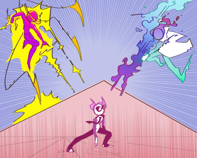 Two sticks tagteaming a lonely pink stick. The pink stick wears a tie, has horns and shades. He looks unfazed. Stick on left is Bolt, he has a pink-purplr gradient and yellow lightning abilities. Stick on right is known as AP. He wears a white coat and has