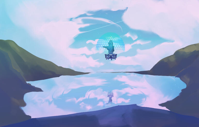 One of NEBULA's bases is stationed over a mirror like-lake. Over it, a hexagonal shield is activated